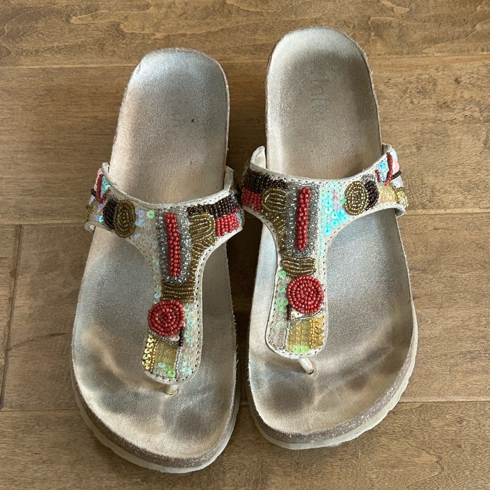 Rialto Beaded Red & Gold Comfort Thong Sandals w/Decorative Straps - Ladies 9.5